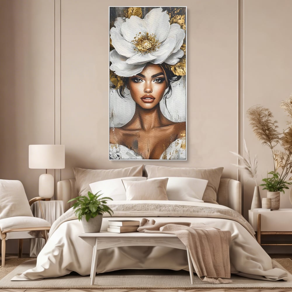 Tablou canvas cu tablou canvas cu portret de femeie si floare, in rama de aluminiu argintiu, pe perete intr-un dormitor